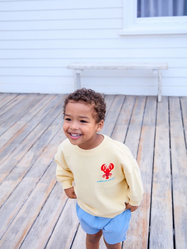 |Boy| Conjunto De Moletom e Shorts 100% Algodão Com Estampa De Lagosta Amarela/Azul (3 meses a 7 anos)