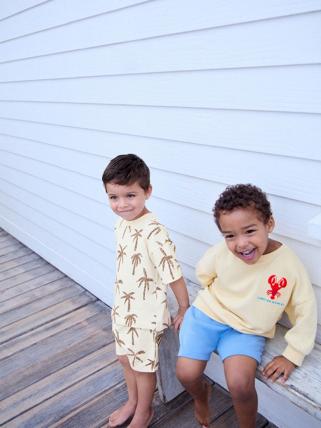 |Boy| Conjunto De Moletom e Shorts 100% Algodão Com Estampa De Lagosta Amarela/Azul (3 meses a 7 anos)