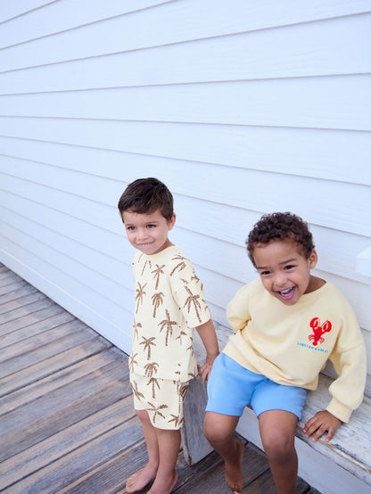 |Boy| Conjunto De Moletom e Shorts 100% Algodão Com Estampa De Lagosta Amarela/Azul (3 meses a 7 anos)