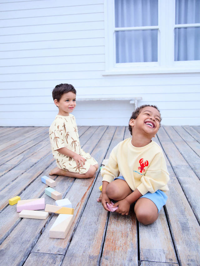 |Boy| Conjunto De Moletom e Shorts 100% Algodão Com Estampa De Lagosta Amarela/Azul (3 meses a 7 anos)