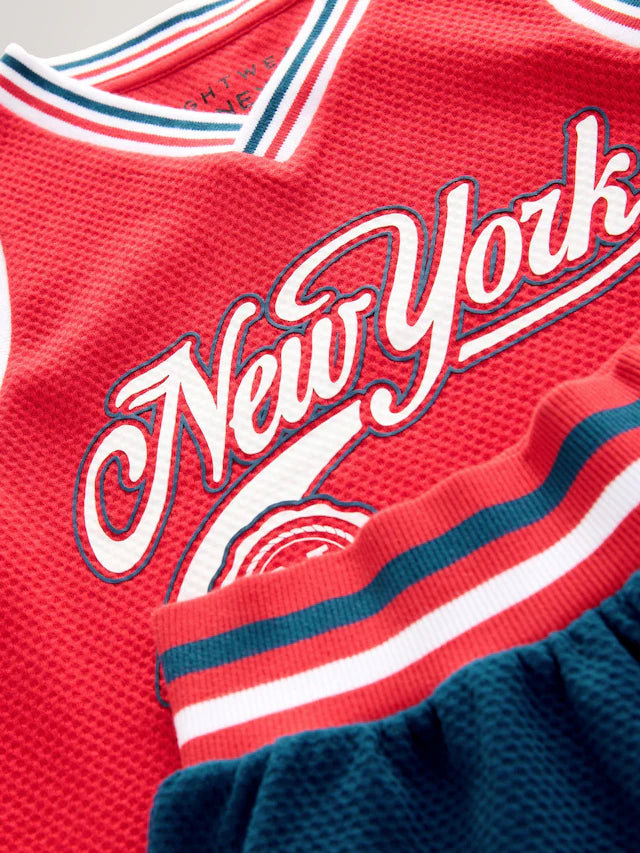 |BigBoy| Pijama Curto Vermelho/Azul De Basquete 100% Algodão (4-16 anos)