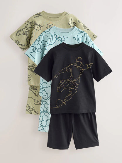 |BigBoy| Pijama Curto Azul/Preto/Verde De Futebol 100% Algodão, Pacote com 3 (3-16 anos)