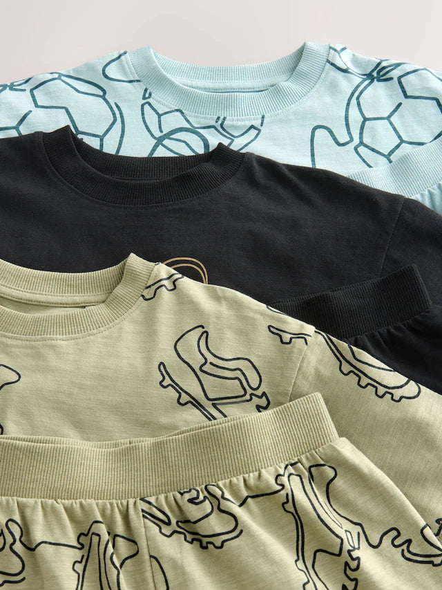 |BigBoy| Pijama Curto Azul/Preto/Verde De Futebol 100% Algodão, Pacote com 3 (3-16 anos)