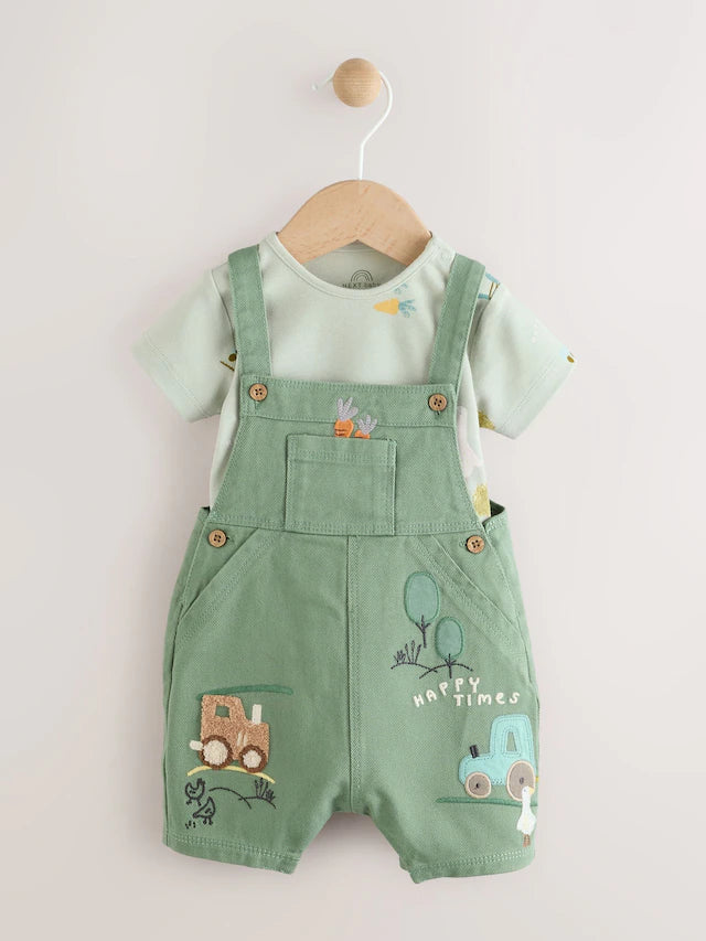 |BabyBoy| Conjunto De Macacão e Macacão Infantil Green Farm (0 meses a 2 anos)