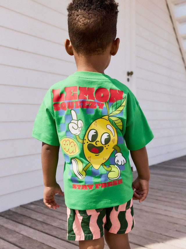 |Boy| Camiseta Com Estampa De Manga Curta e Costas Espreguiçosa Verde Limão (3 meses a 7 anos)