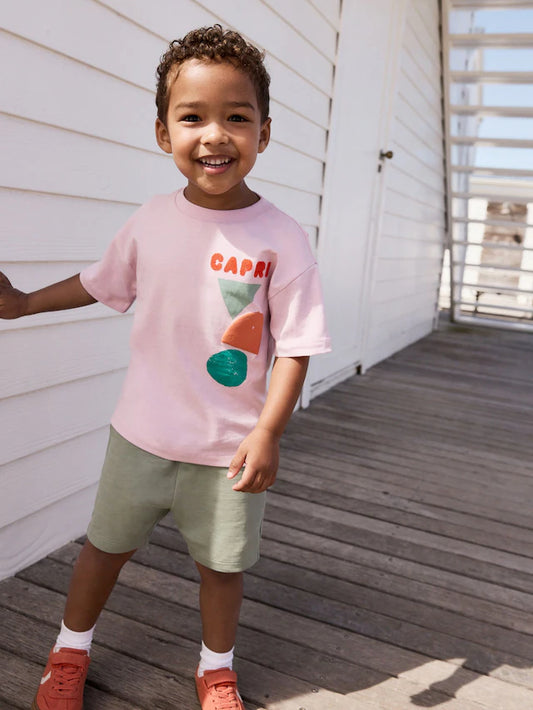 |Boy| Conjunto De Camiseta e Shorts Rosa 100% Algodão Com Estampa De Manga Curta Nas Costas (3 meses a 7 anos)