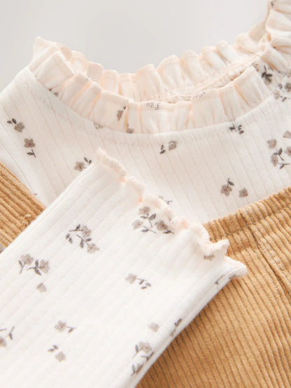 |Girl| Conjunto De Macacão De Veludo Cotelê Marrom Com Estampa De Urso (3 meses a 7 anos)