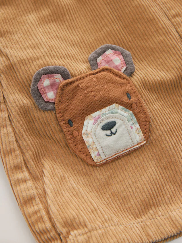 |Girl| Conjunto De Macacão De Veludo Cotelê Marrom Com Estampa De Urso (3 meses a 7 anos)