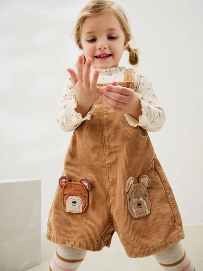 |Girl| Conjunto De Macacão De Veludo Cotelê Marrom Com Estampa De Urso (3 meses a 7 anos)