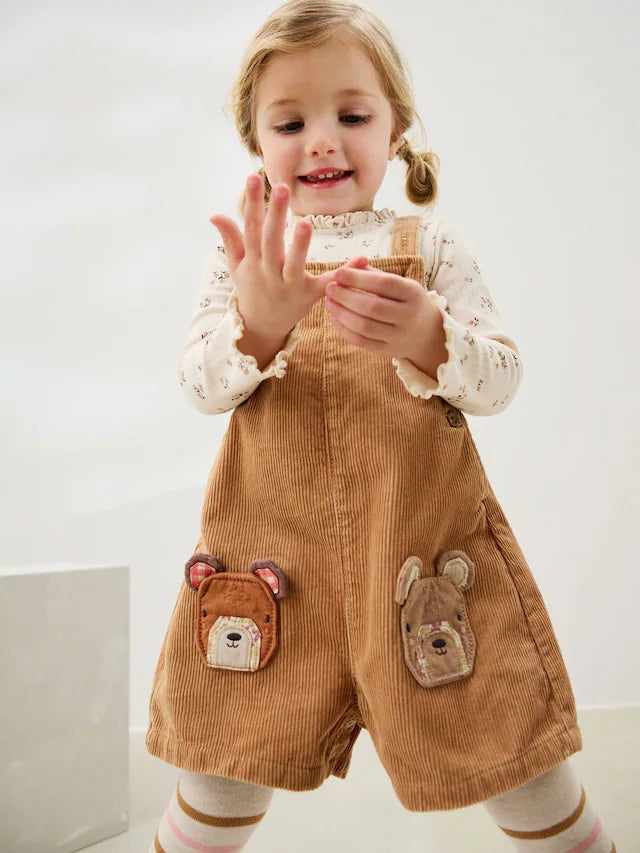 |Girl| Conjunto De Macacão De Veludo Cotelê Marrom Com Estampa De Urso (3 meses a 7 anos)