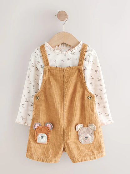|Girl| Conjunto De Macacão De Veludo Cotelê Marrom Com Estampa De Urso (3 meses a 7 anos)