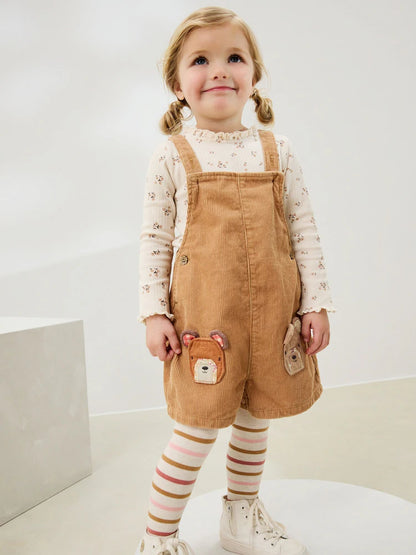 |Girl| Conjunto De Macacão De Veludo Cotelê Marrom Com Estampa De Urso (3 meses a 7 anos)