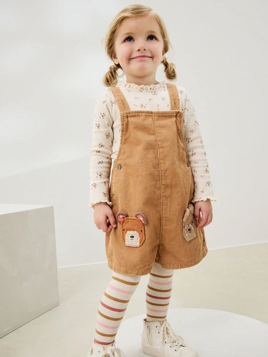 |Girl| Conjunto De Macacão De Veludo Cotelê Marrom Com Estampa De Urso (3 meses a 7 anos)