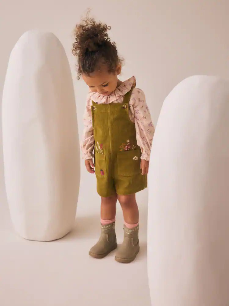 |Girl| Conjunto De Blusa e Meia-Calça De Veludo Cotelê Com Estampa Floral Verde (3 meses a 7 anos)