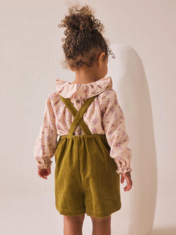 |Girl| Conjunto De Blusa e Meia-Calça De Veludo Cotelê Com Estampa Floral Verde (3 meses a 7 anos)