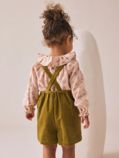 |Girl| Conjunto De Blusa e Meia-Calça De Veludo Cotelê Com Estampa Floral Verde (3 meses a 7 anos)