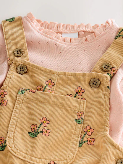 |Girl| Conjunto De Macacão e Camiseta De Veludo Cotelê Com Estampa Floral Amarelo Ocre (3 meses a 7 anos)