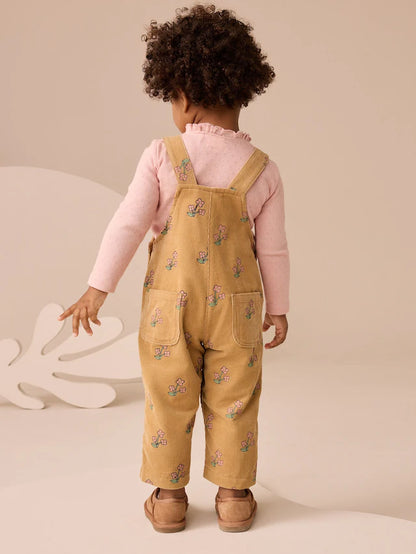 |Girl| Conjunto De Macacão e Camiseta De Veludo Cotelê Com Estampa Floral Amarelo Ocre (3 meses a 7 anos)