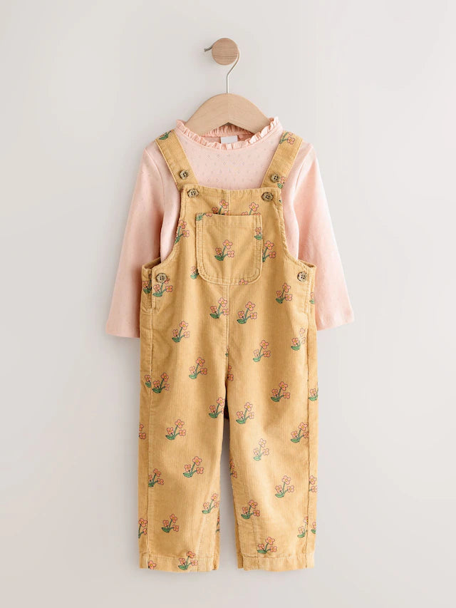 |Girl| Conjunto De Macacão e Camiseta De Veludo Cotelê Com Estampa Floral Amarelo Ocre (3 meses a 7 anos)