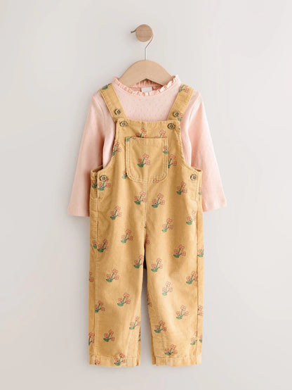|Girl| Conjunto De Macacão e Camiseta De Veludo Cotelê Com Estampa Floral Amarelo Ocre (3 meses a 7 anos)