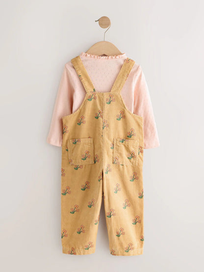 |Girl| Conjunto De Macacão e Camiseta De Veludo Cotelê Com Estampa Floral Amarelo Ocre (3 meses a 7 anos)