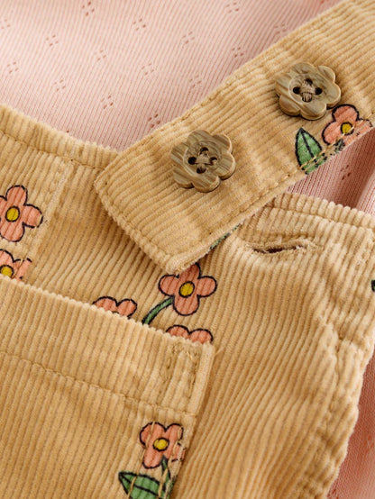 |Girl| Conjunto De Macacão e Camiseta De Veludo Cotelê Com Estampa Floral Amarelo Ocre (3 meses a 7 anos)