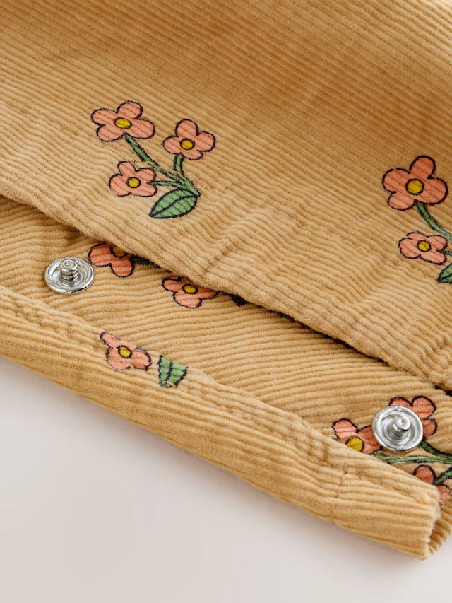 |Girl| Conjunto De Macacão e Camiseta De Veludo Cotelê Com Estampa Floral Amarelo Ocre (3 meses a 7 anos)