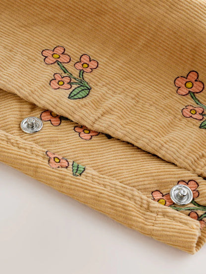 |Girl| Conjunto De Macacão e Camiseta De Veludo Cotelê Com Estampa Floral Amarelo Ocre (3 meses a 7 anos)