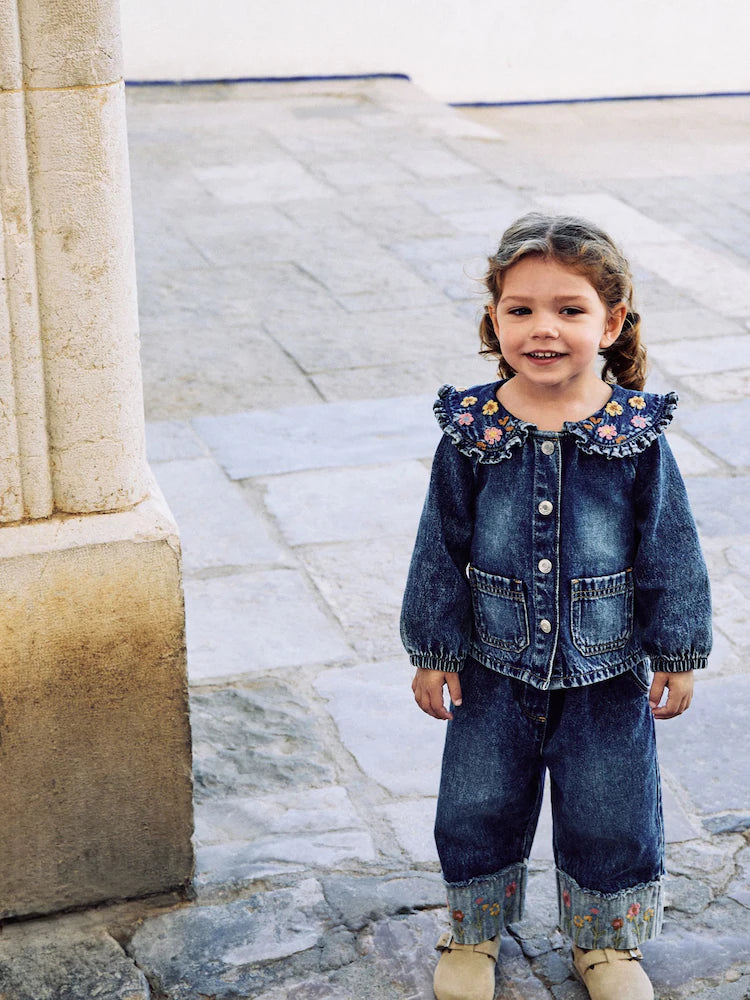 |Girl| Conjunto De Calça Jeans e Jaqueta Com Bordado Floral e Pernas Largas (3 meses a 7 anos)