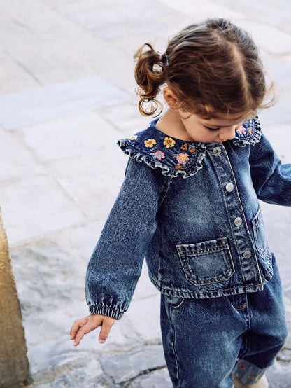 |Girl| Conjunto De Calça Jeans e Jaqueta Com Bordado Floral e Pernas Largas (3 meses a 7 anos)
