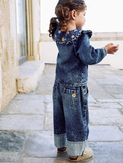 |Girl| Conjunto De Calça Jeans e Jaqueta Com Bordado Floral e Pernas Largas (3 meses a 7 anos)