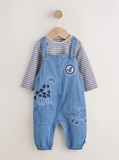 |BabyBoy| Conjunto De Macacão e Macacão Jeans Azul Dinossauro Para Bebê (0 meses a 2 anos)