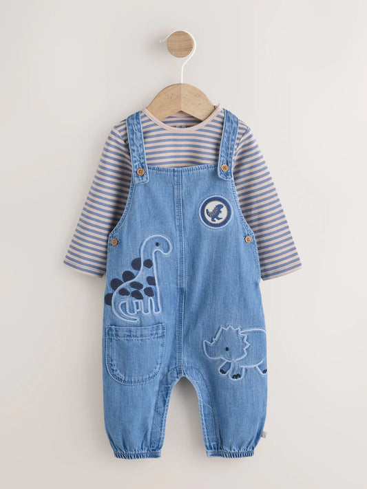 |BabyBoy| Conjunto De Macacão e Macacão Jeans Azul Dinossauro Para Bebê (0 meses a 2 anos)