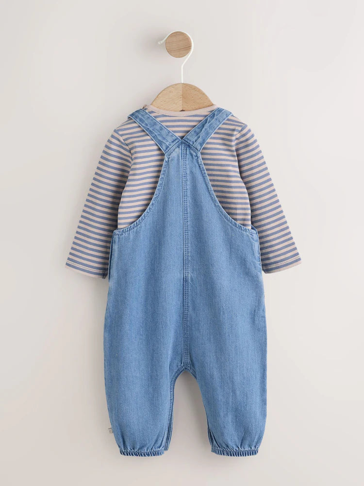 |BabyBoy| Conjunto De Macacão e Macacão Jeans Azul Dinossauro Para Bebê (0 meses a 2 anos)