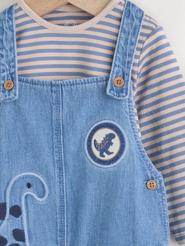 |BabyBoy| Conjunto De Macacão e Macacão Jeans Azul Dinossauro Para Bebê (0 meses a 2 anos)