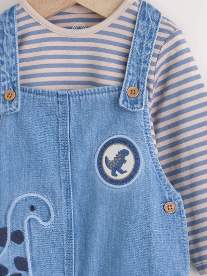|BabyBoy| Conjunto De Macacão e Macacão Jeans Azul Dinossauro Para Bebê (0 meses a 2 anos)