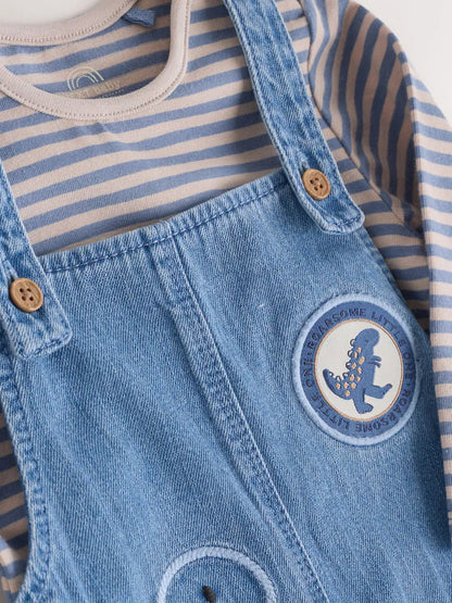 |BabyBoy| Conjunto De Macacão e Macacão Jeans Azul Dinossauro Para Bebê (0 meses a 2 anos)