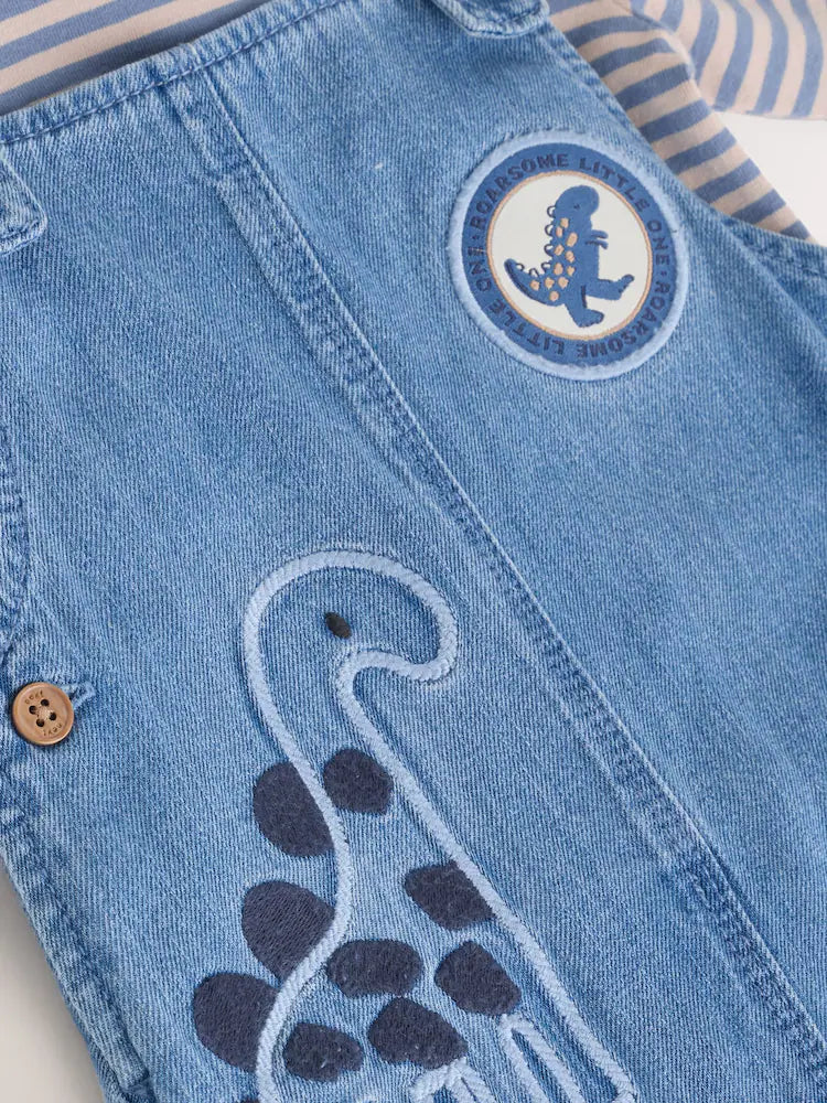 |BabyBoy| Conjunto De Macacão e Macacão Jeans Azul Dinossauro Para Bebê (0 meses a 2 anos)