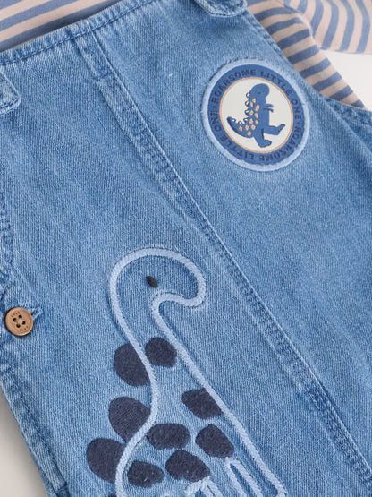 |BabyBoy| Conjunto De Macacão e Macacão Jeans Azul Dinossauro Para Bebê (0 meses a 2 anos)