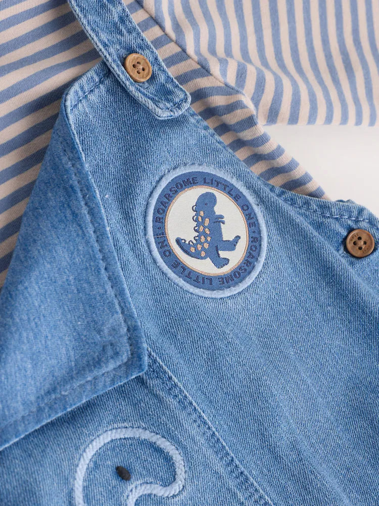 |BabyBoy| Conjunto De Macacão e Macacão Jeans Azul Dinossauro Para Bebê (0 meses a 2 anos)