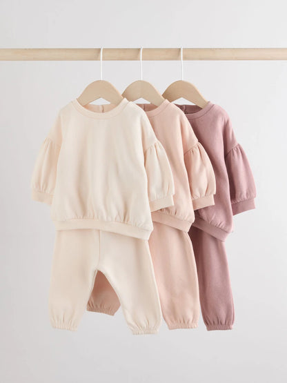 |BabyGirl| Conjunto De 6 Peças De Moletom e Calça Jogger Creme/Rosa Para Bebê (0 meses a 2 anos)
