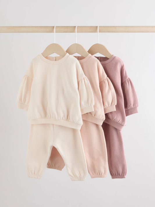 |BabyGirl| Conjunto De 6 Peças De Moletom e Calça Jogger Creme/Rosa Para Bebê (0 meses a 2 anos)