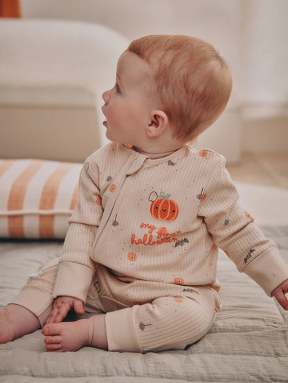 |BabyBoy| Macacão De Dormir Sem Pé Ecru Baby My First Halloween Com Zíper Bidirecional (0-18 meses)