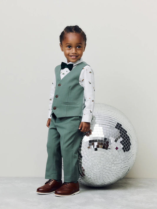 |Boy| Conjunto De Colete, Camisa, Calça e Gravata Borboleta Verde Dino (3 meses a 9 anos)