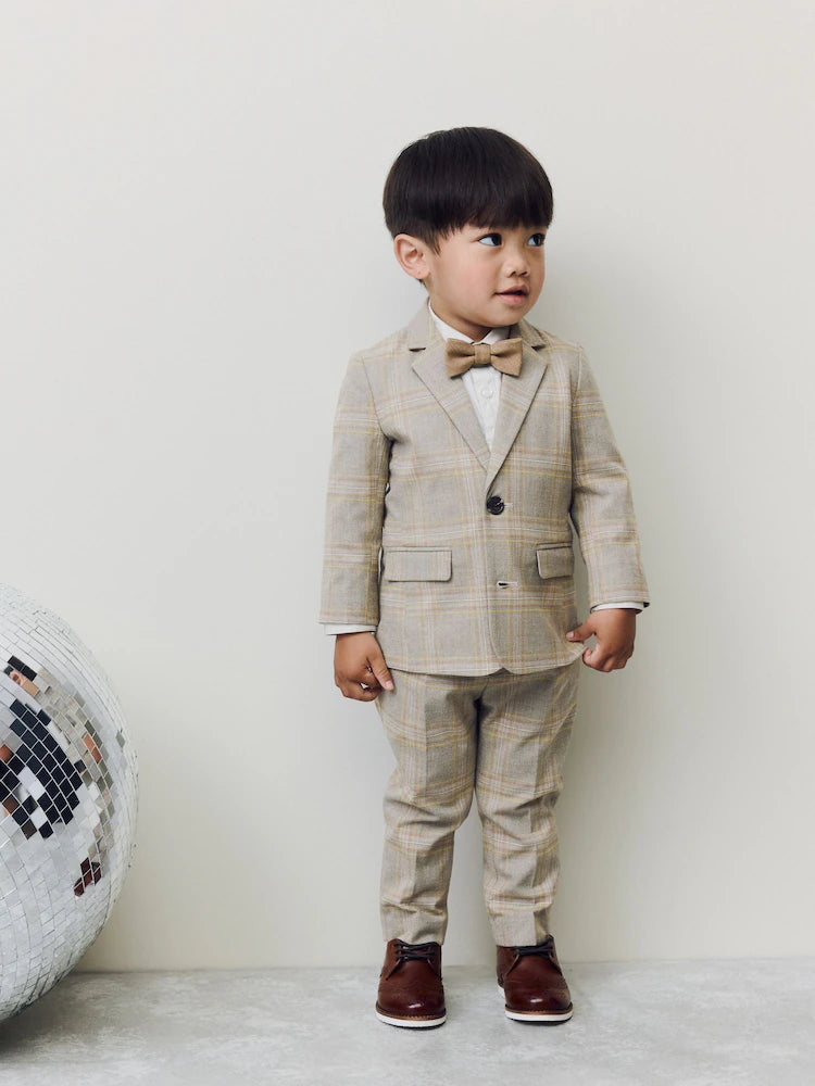 |Boy| Conjunto De Blazer Xadrez Marrom, Camisa, Calça e Gravata Borboleta (3 meses a 9 anos)