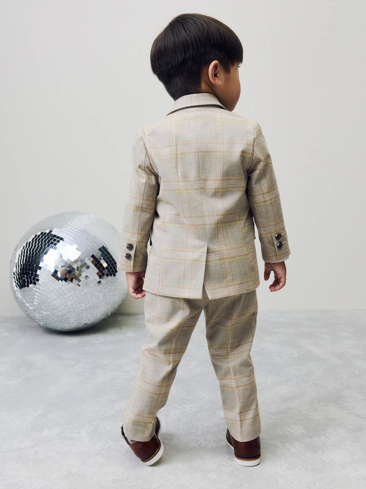 |Boy| Conjunto De Blazer Xadrez Marrom, Camisa, Calça e Gravata Borboleta (3 meses a 9 anos)