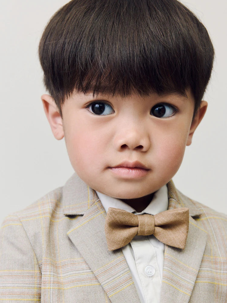 |Boy| Conjunto De Blazer Xadrez Marrom, Camisa, Calça e Gravata Borboleta (3 meses a 9 anos)