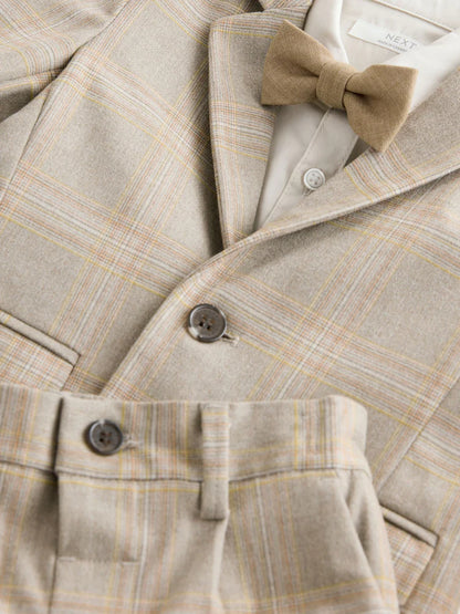 |Boy| Conjunto De Blazer Xadrez Marrom, Camisa, Calça e Gravata Borboleta (3 meses a 9 anos)