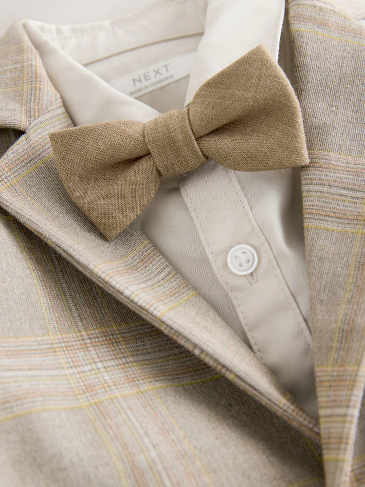 |Boy| Conjunto De Blazer Xadrez Marrom, Camisa, Calça e Gravata Borboleta (3 meses a 9 anos)