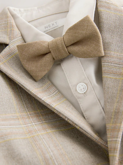 |Boy| Conjunto De Blazer Xadrez Marrom, Camisa, Calça e Gravata Borboleta (3 meses a 9 anos)